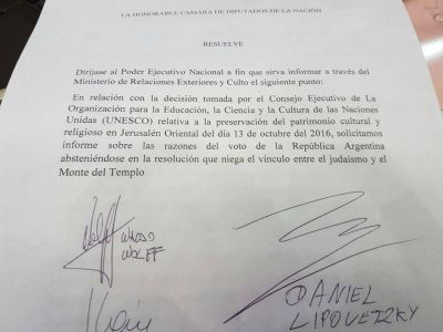 Argentina/UNESCO. Piden informes a la canciller�a argentina por el voto en la UNESCO