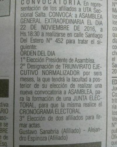La supuesta Asamblea convocada por la UTA es ileg�tima