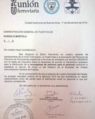Gremios ferroviarios le solicitaron una reuni�n a Gonzalo M�rtola