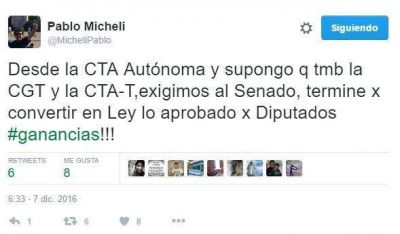 Micheli habl� de �medidas contundentes� con la CTA de Yasky y la CGT si Macri veta la ley