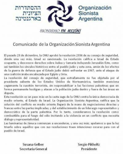 La Organizaci�n Sionista Argentina repudi� la resoluci�n del Consejo de Seguridad de la ONU
