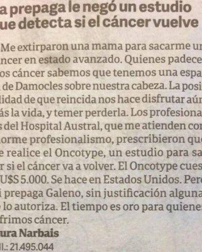 Reclamo para que Galeno habilite un importante estudio para detectar c�ncer