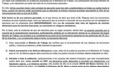 La Bancaria calific� de �sinverg�enzas y estafadores� a Triaca y los banqueros