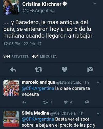 Cristina Fern�ndez de Kirchner tuiteo sobre el cierre de Atanor