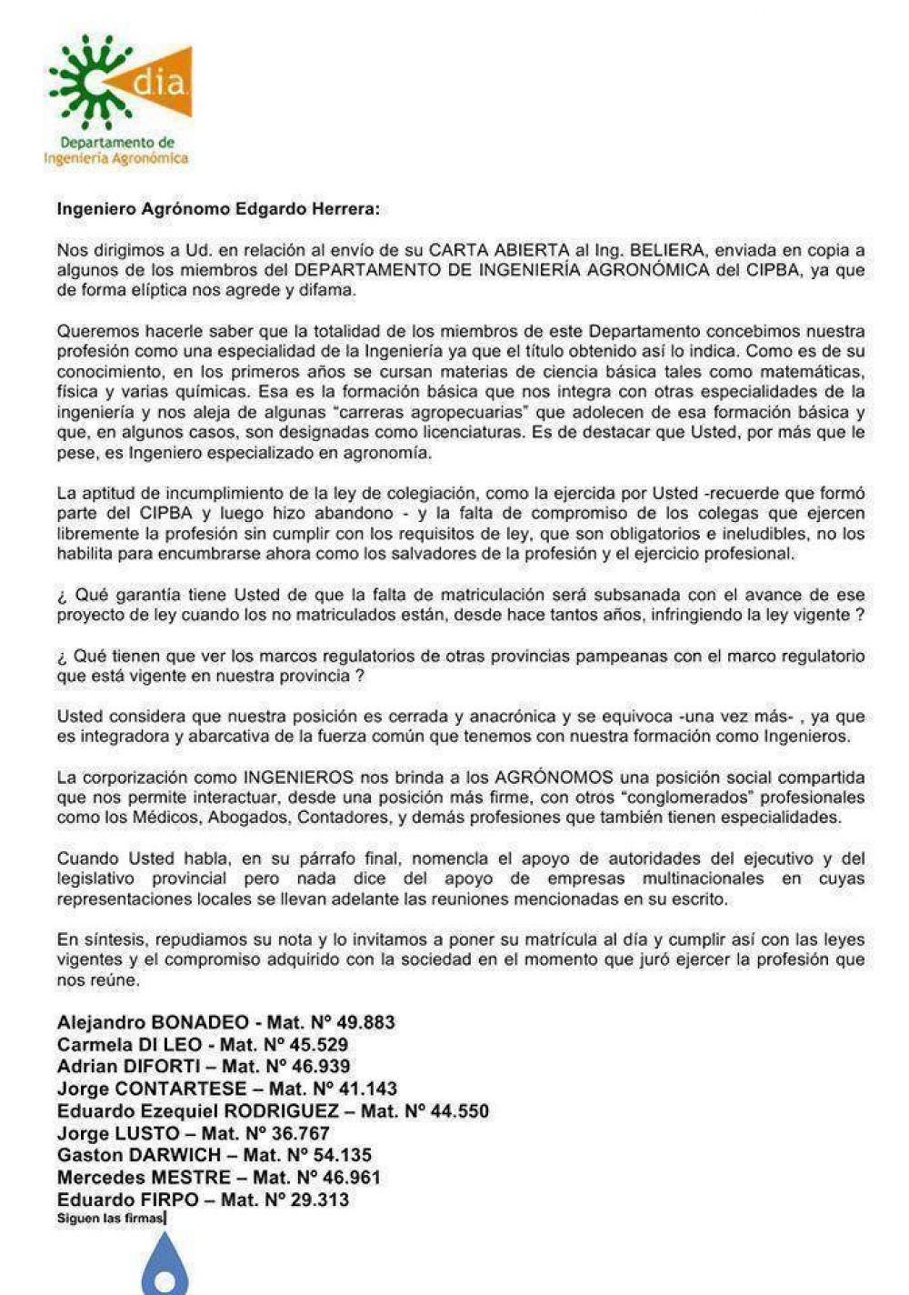 El DIA emiti un comunicado repudiando las manifestaciones del Ing. Edgardo Herrera