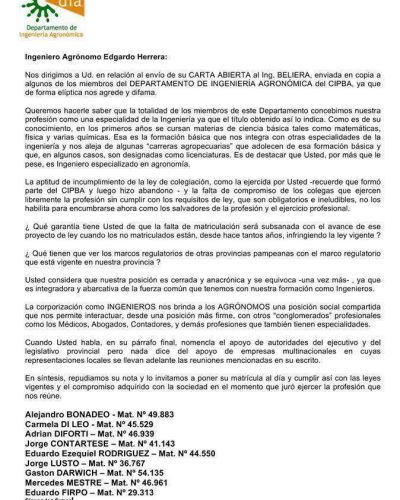 El DIA emiti� un comunicado repudiando las manifestaciones del Ing. Edgardo Herrera
