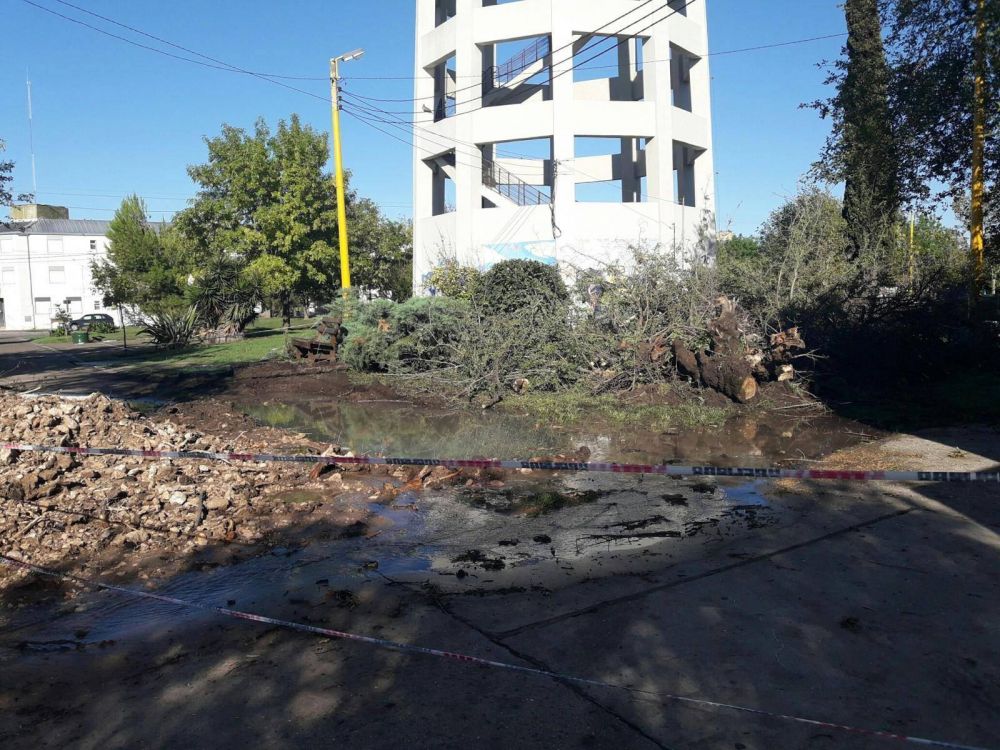 Cao roto en la Plaza Torre Tanque: el agua llega hasta Belgrano