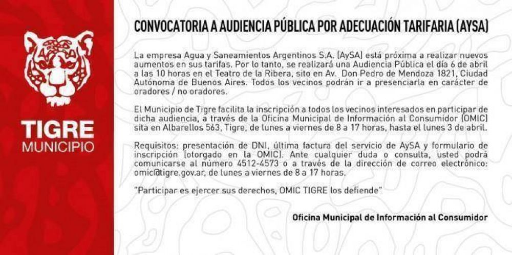 Tigre inscribe a los vecinos interesados en participar de la Audiencia P�blica de AySA