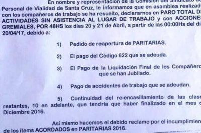 Viales van al paro nuevamente y reclaman paritarias e incumplimiento de acuerdos del 2016