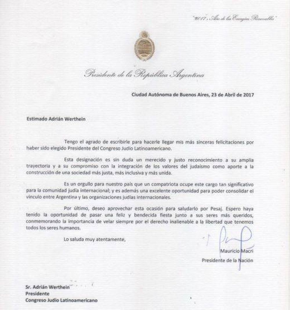 Mauricio Macri felicit a Adrian Werthein como nuevo presidente del Congreso Judo Latinoamericano