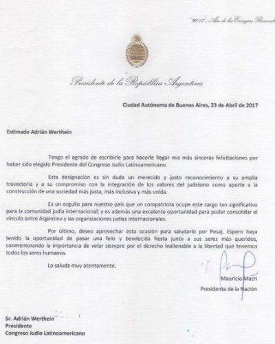 Mauricio Macri felicitó a Adrian Werthein como nuevo presidente del Congreso Judío Latinoamericano