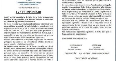 La CGT conden� el fallo que favorece con el 2�1 a genocidas