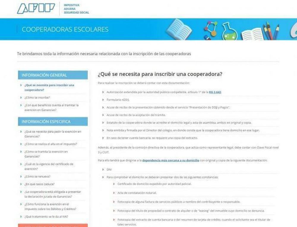 Crean un micrositio en la p�gina de la AFIP para facilitar tr�mites a las cooperadoras escolares