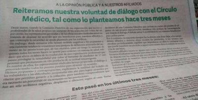 Los gremios reiteraron pedido de di�logo al C�rculo M�dico, luego de tres meses conflicto