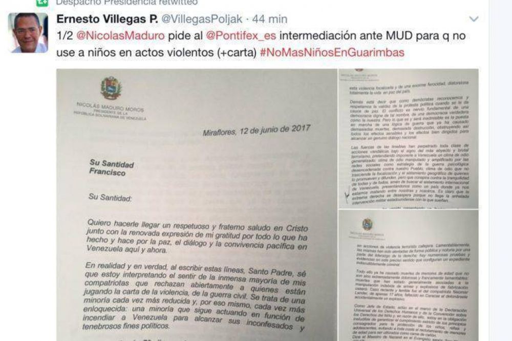 Venezuela: Maduro escribe al Papa pidiendo la mediacin de la Iglesia con la oposicin