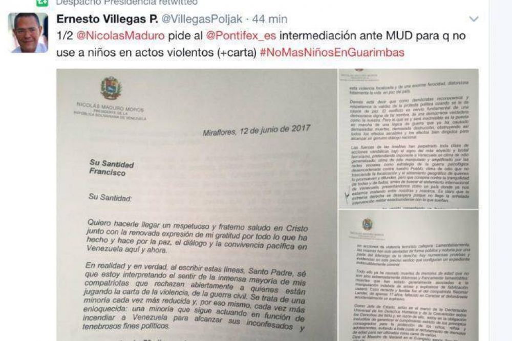 Venezuela: Maduro escribe al Papa pidiendo la mediaci�n de la Iglesia con la oposici�n