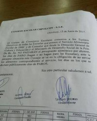 Consejeras escolares del FpV informaron que Provincia no paga los comedores escolares en d�as de paro