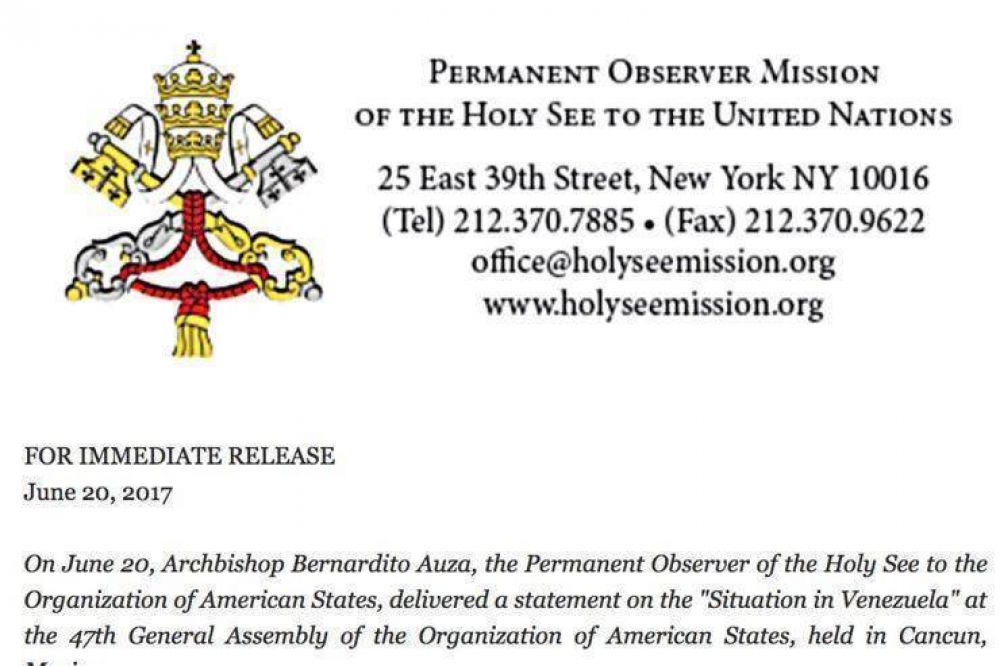 La Santa Sede y el Papa reiteran ante la OEA su posicin sobre Venezuela