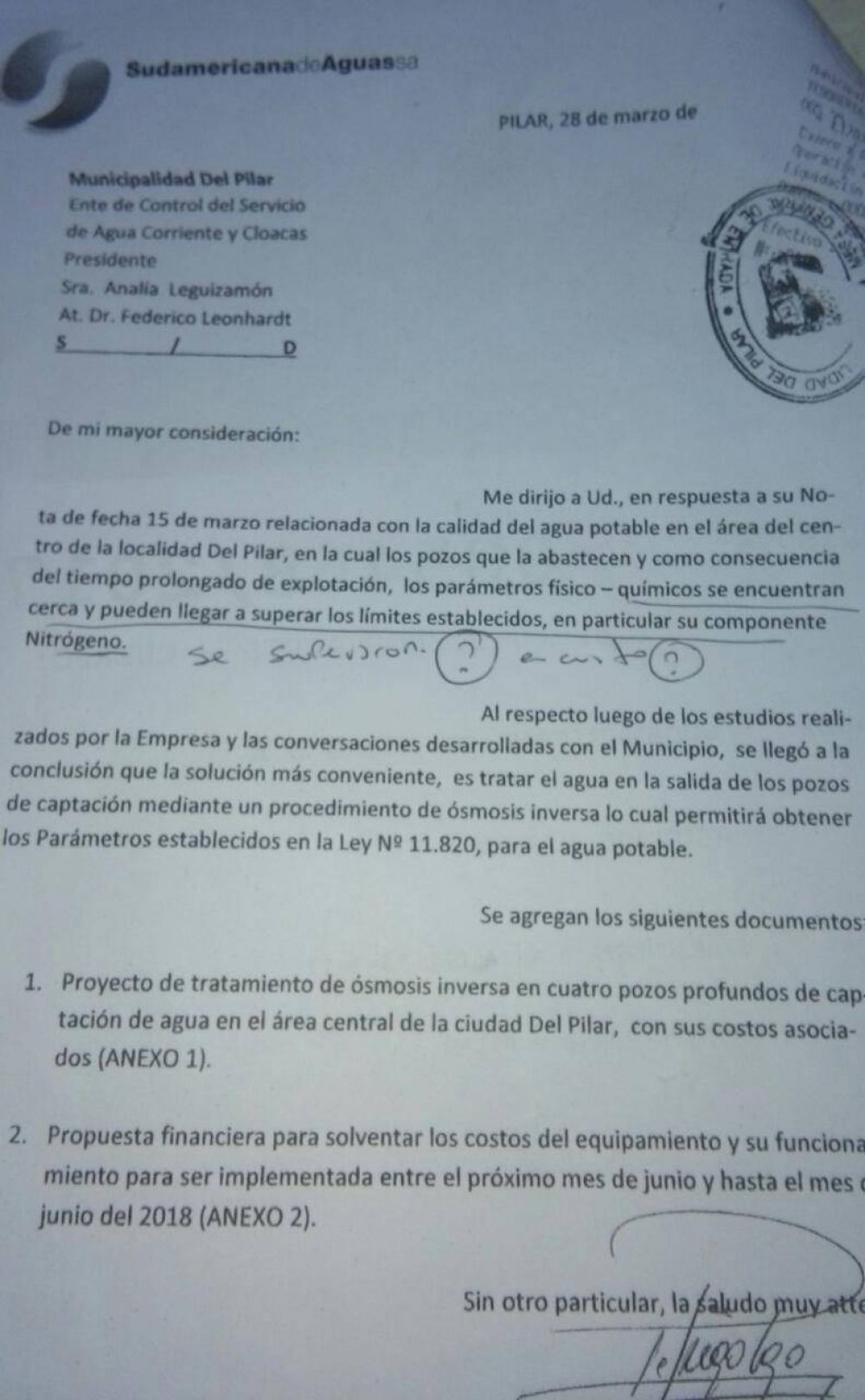 El documento en el que Sudamericana admite que el agua de red de Pilar podra no ser potable