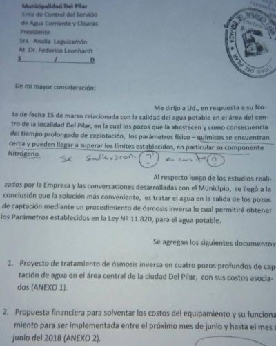 El documento en el que Sudamericana admite que el agua de red de Pilar podr�a no ser potable