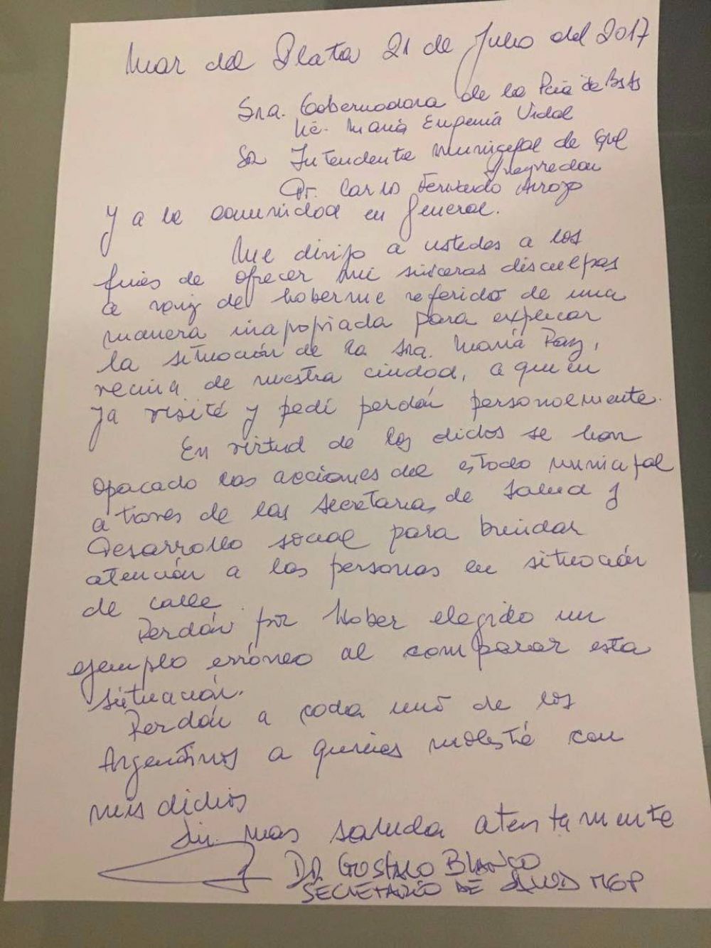La carta que Blanco le present� a Arroyo
