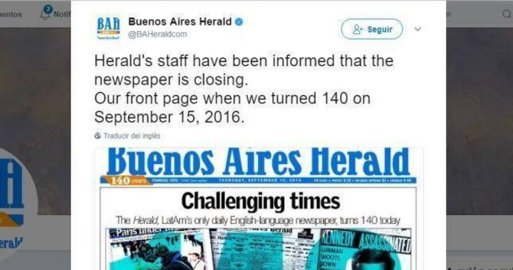 A das de cumplir 141 aos, cierra el Buenos Aires Herald