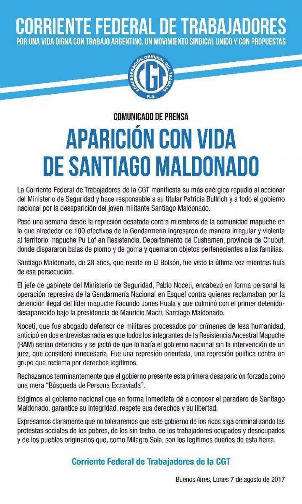 La Corriente responsabiliz a Bullrich por la desaparicin de Santiado Maldonado