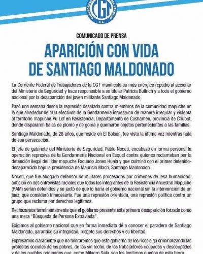 La Corriente responsabiliz� a Bullrich por la desaparici�n de Santiado Maldonado