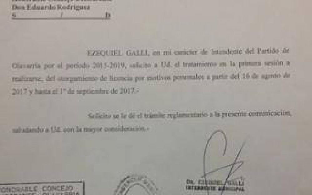 Olavarra: El Intendente Galli pidi licencia de 15 das 
