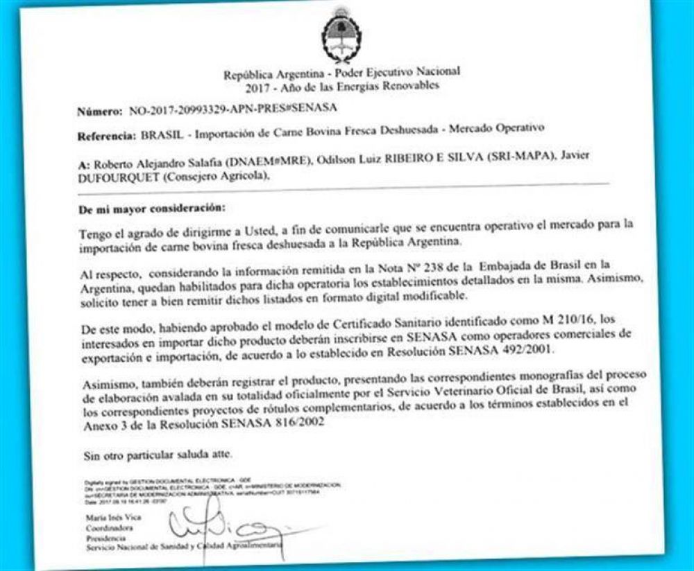 Argentina autoriz� importaci�n de carne vacuna brasile�a
