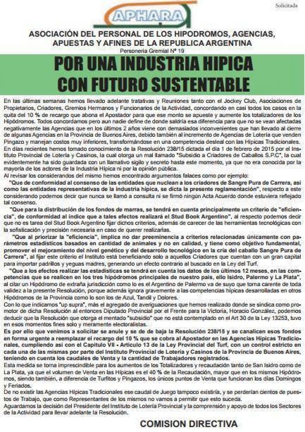 Reclaman soluciones de Vidal para tener una industria hpica con futuro sustentable
