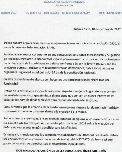 ATE repudia la creaci�n de la Fundaci�n PAMI