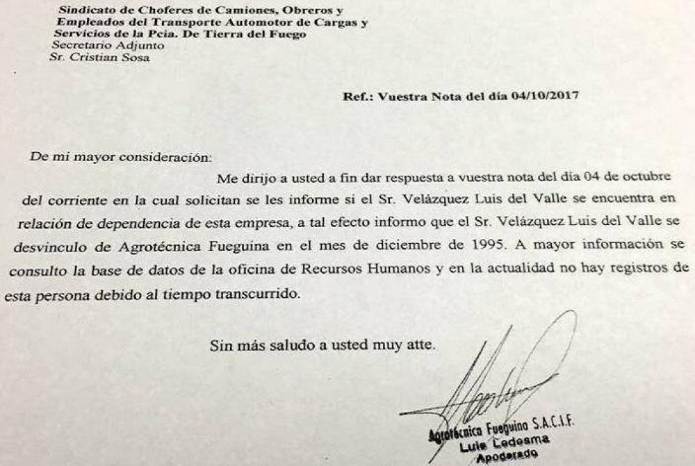 Desmienten que Luis del Valle Velzquez pertenezca a la empresa Agrotcnica Fueguina