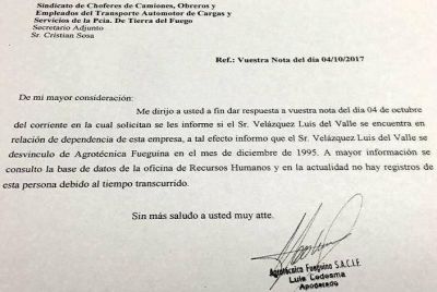 Desmienten que Luis del Valle Vel�zquez pertenezca a la empresa Agrot�cnica Fueguina