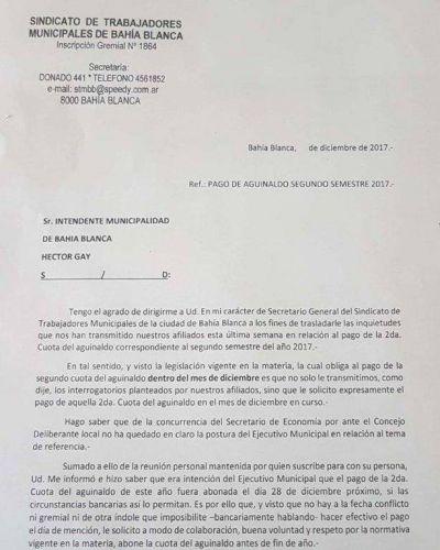 El Sindicato de Empleados Municipales solicit� el pago del medio aguinaldo antes de fin de a�o