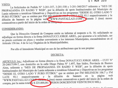 Lan�s: Grindetti paga 225 mil pesos a un funcionario de Larreta por publicidad en un portal trucho