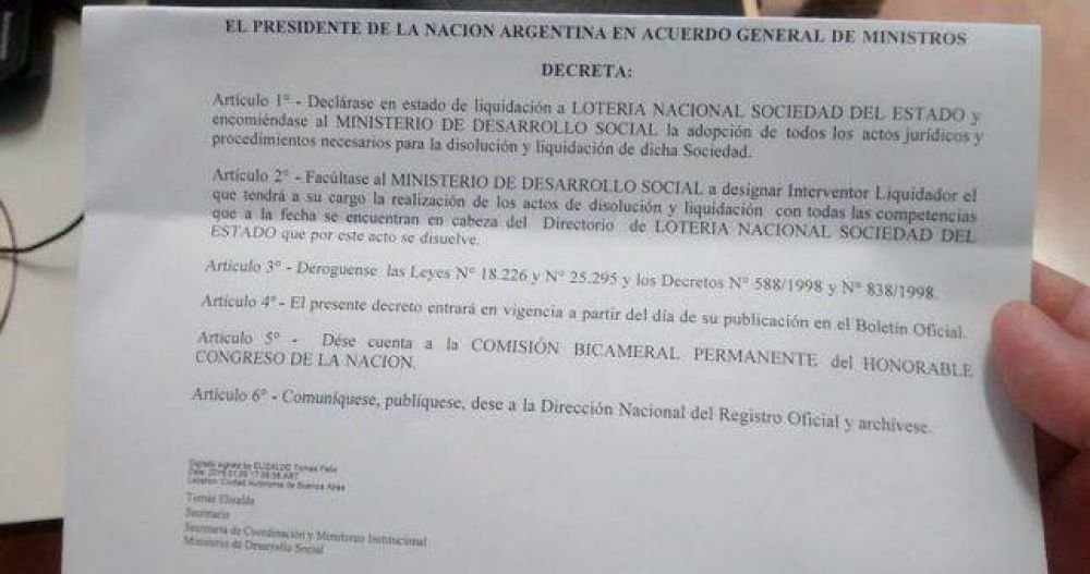 El Gobierno orden liquidar Lotera Nacional y peligran 200 empleos