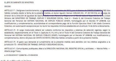 Otra de Triaca: el experto en igualdad entre hombres y mujeres tambi�n fue nombrado en un gremio intervenido