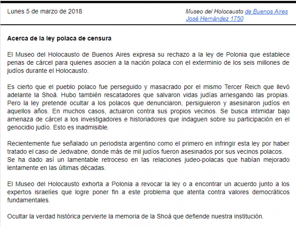 Comunicado: �El Museo del Holocausto exhorta a Polonia a revocar la ley�