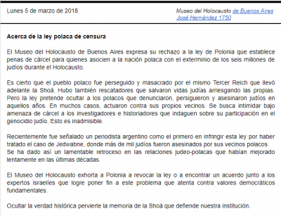 Comunicado: �El Museo del Holocausto exhorta a Polonia a revocar la ley�