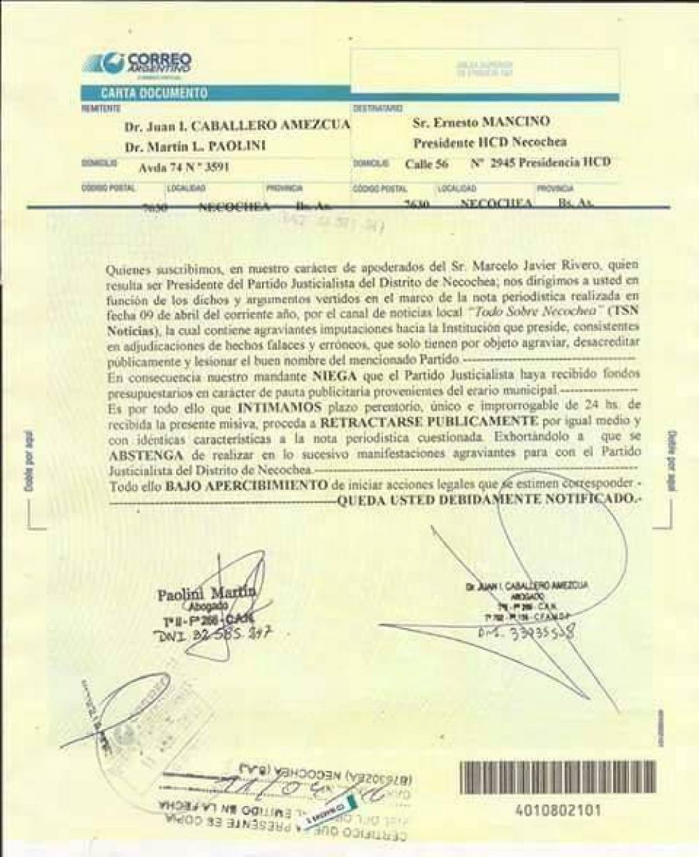 El Partido Justicialista le envi una carta documento a Ernesto Mancino