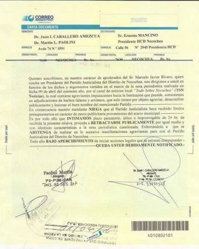 El Partido Justicialista le envi� una carta documento a Ernesto Mancino