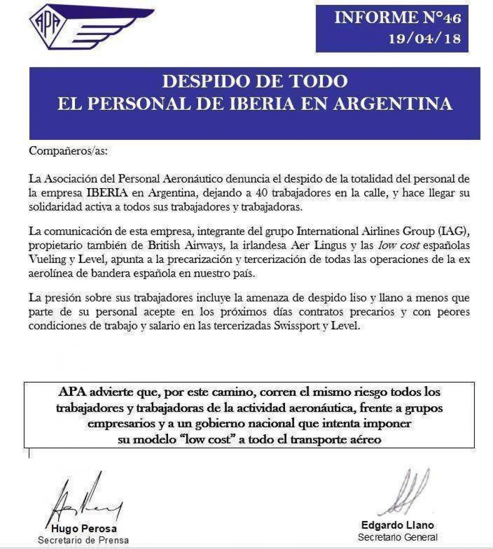 Iberia comunic que despide a todos sus empleados para tomar personal tercerizado
