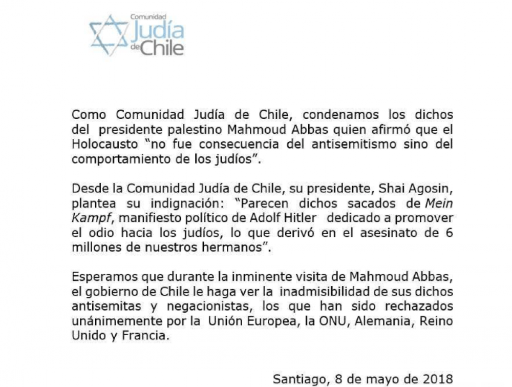 Ante la inminente visita oficial de Mahmmoud Abbs a Chile, la comunidad juda condena sus expresiones negacionistas