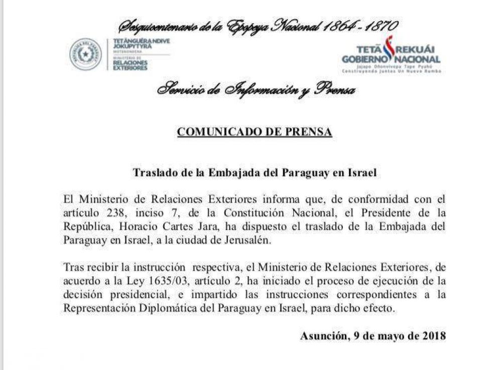 Paraguay confirm oficialmente el traslado de su embajada a Jerusaln
