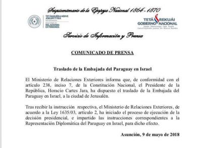 Paraguay confirm� oficialmente el traslado de su embajada a Jerusal�n