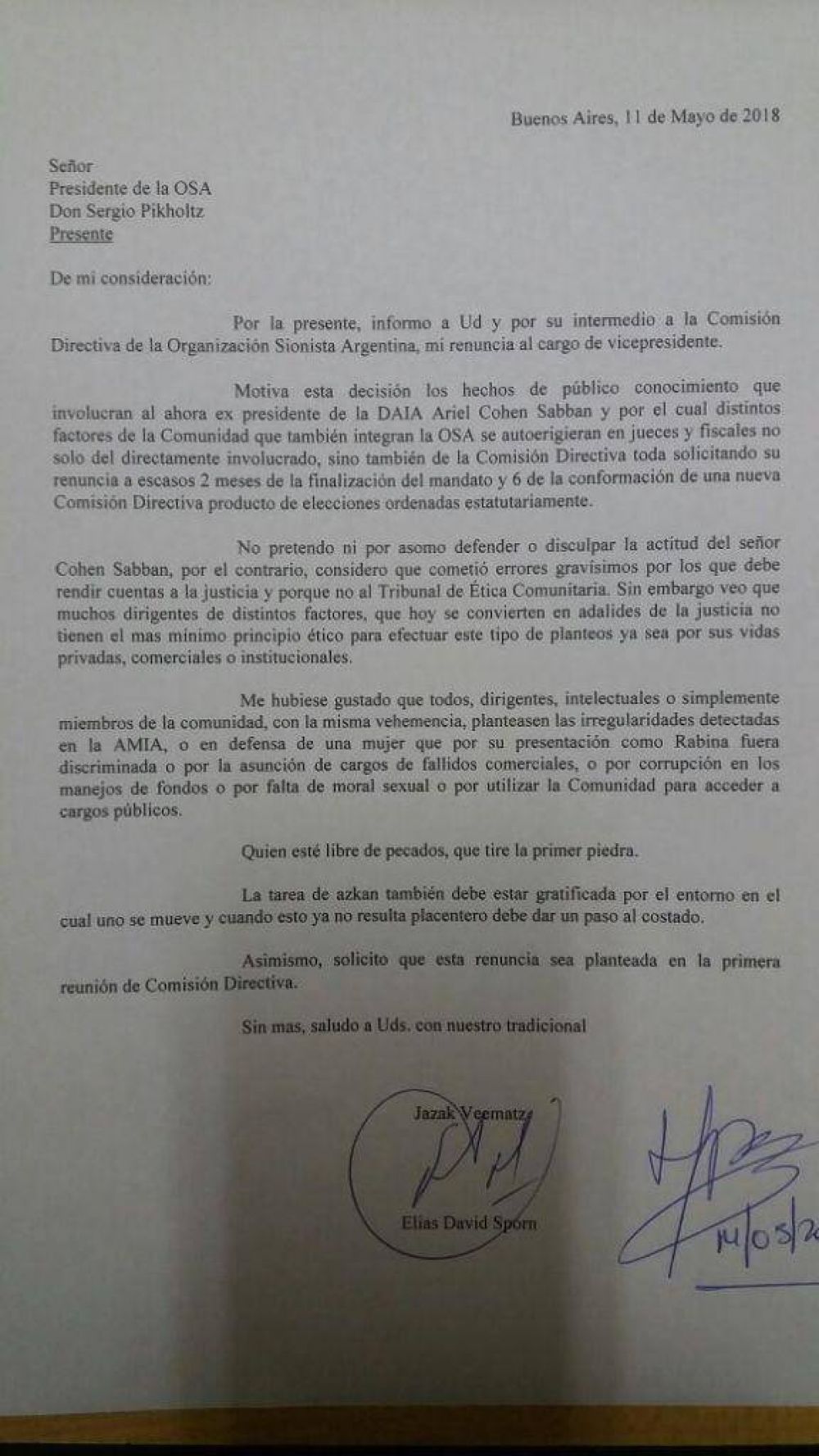 Elas Sporn present su renuncia en la Organizacin Sionista Argentina