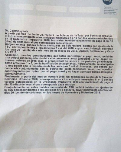 La Municipalidad env�a confuso aviso sobre el aumento de tasas