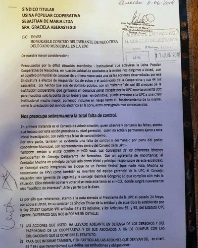 Nota a la Sindico Titular Usina Popular Cooperativa