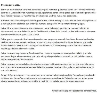Los curas villeros invitan a rezar la Oraci�n por la Vida